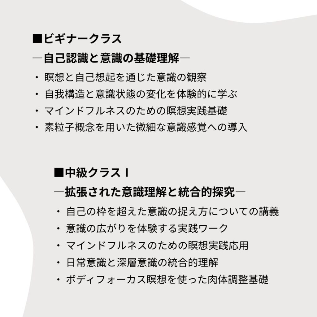 ■ビギナークラス ―自己認識と意識の基礎理解― ・ 瞑想と自己想起を通じた意識の観察 ・ 自我構造と意識状態の変化を体験的に学ぶ ・ マインドフルネスのための瞑想実践基礎 ・ 素粒子概念を用いた微細な意識感覚への導入 ■中級クラスⅠ ―拡張された意識理解と統合的探究― ・ 自己の枠を超えた意識の捉え方についての講義 ・ 意識の広がりを体験する実践ワーク ・ マインドフルネスのための瞑想実践応用 ・ 日常意識と深層意識の統合的理解 ・ ボディフォーカス瞑想を使った肉体調整基礎